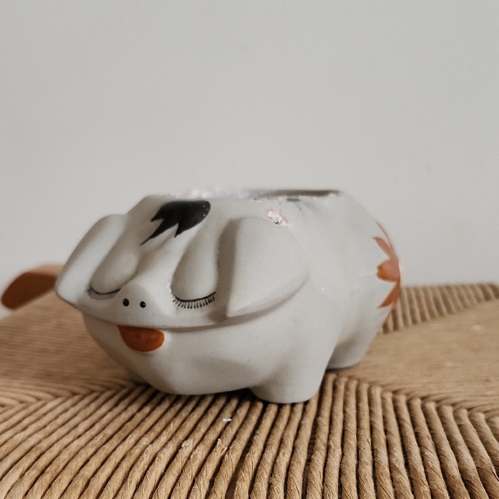 Ceramic Hanging Pig Planter in Gray With Orange Flowers